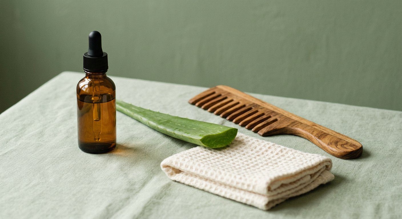 An amber serum dropper bottle, an aloe leaf and a wooden comb on a sage green background