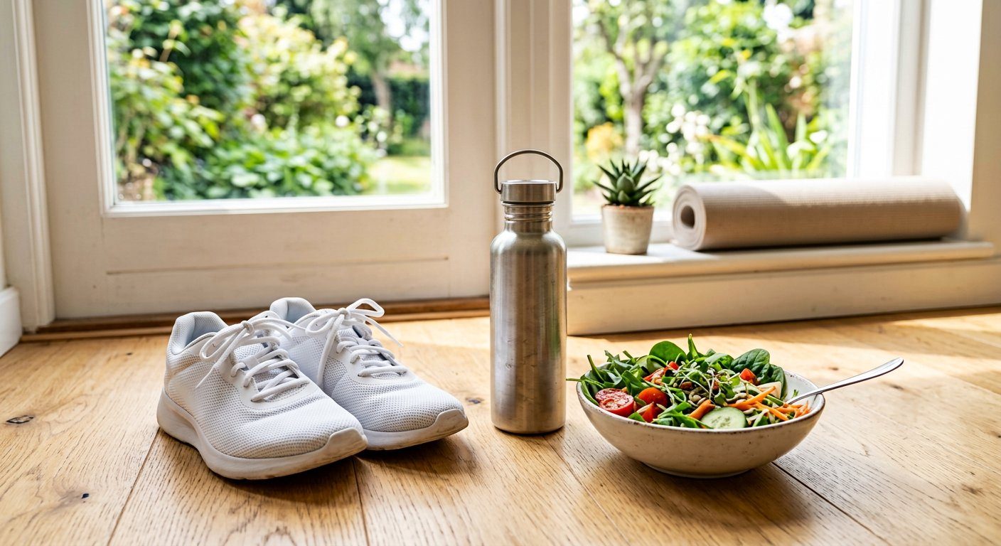 White running shoes, a steel water bottle and a fresh salad bowl by a sunny window